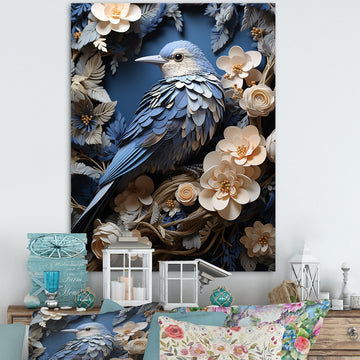 Surreal Nest Bird On Flowers - Blue Bird Wall Art